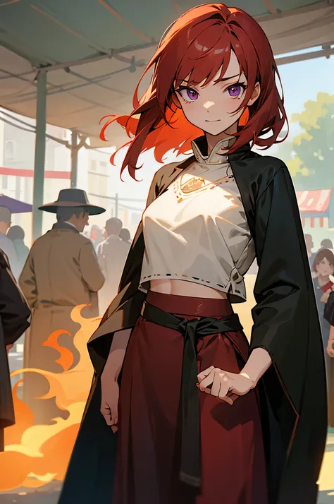 Anime-style scene showing a relaxed female warrior enjoying her time at a bustling medieval fair. She has very short, slightly wavy red hair in a bob cut and striking purple eyes. Her expression is soft and slightly shy, contrasting with her strong, athlet...