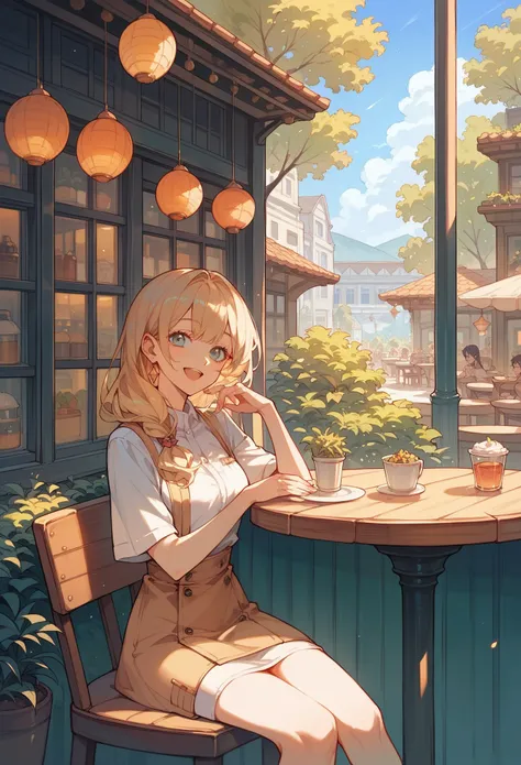 Masterpiece, (best quality, highest quality:1.1), anime, cafe, 1girl, beautiful girl, happy, amazing hair, beautiful smile