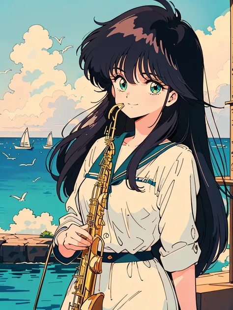 (masterpiece, Best Quality, High resolution:1.5, Anime Colors, ８０Decade Style:1.2, sharp, 8k、Playing the saxophone), (Beautiful detailed eyes:1.5, Beautiful detailed face:1.2), Ayukawa Madoka One Girl, , (Black Hair, Long Hair), Large Breasts), (Neat cloth...