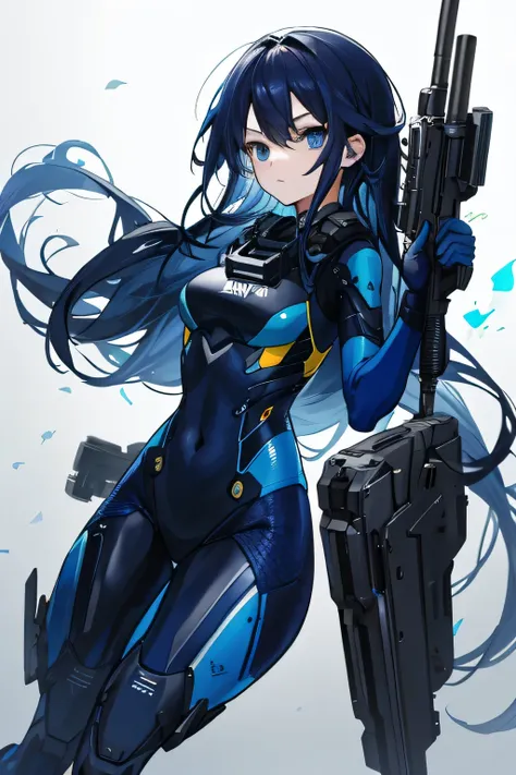 there is no background，girl，carry a firearm，enamel-like tight suit，use of firearms，navy blue long hair，attention arousal，blue co...