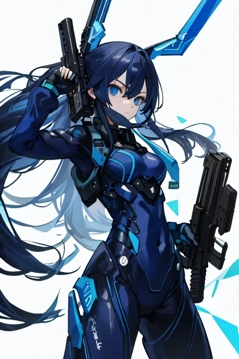 there is no background，girl，carry a firearm，enamel-like tight suit，use of firearms，navy blue long hair，attention arousal，blue co...