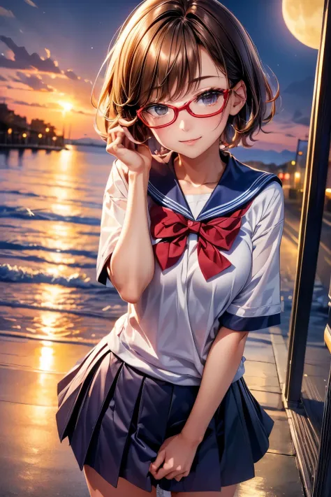 ((high quality)),((High image quality))、girl、1、short hair、stylish、High School Uniform、Red glasses、sea、summer、Full moon night