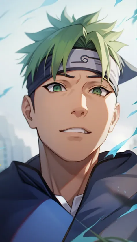 a close up of a man with a green hair and a blue shirt, 2 , 2 , 2 , thawan duchanee, 2 , hoang long ly, profile image, nivanh chanthara, ren heng, 千 葉 雄 大HD, (Best Detail), (Best Quality), Naruto Uzumaki, ((Ninja Headband))),