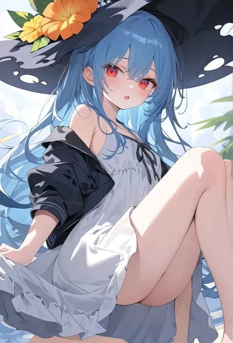 masterpiece，top quality，best quality，official art，Beautiful and picky，Very detailed（Fractal Art 1.2），colorful，most detailed，a girl，Expressionless，dark blue long hair，long bangs，Bright red eyes，pale albinism，barefoot，Wearing a pure white summer dress，Wearin...