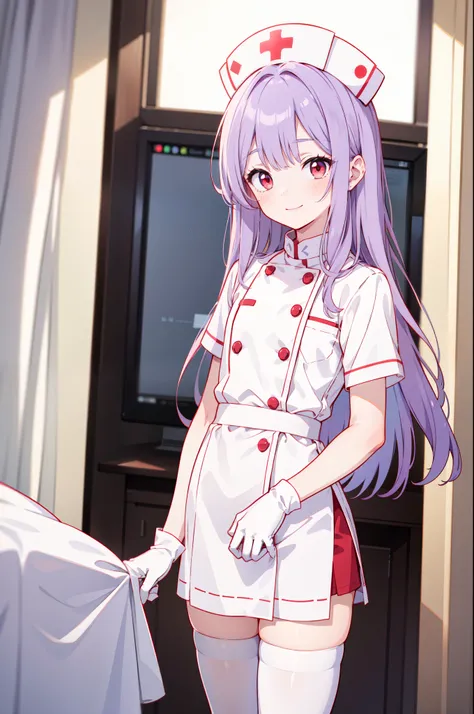 1boy, solo, male focus, nurse, white nurse cap, white nurse uniform, ((white legwear, zettai ryouiki)), white gloves, long hair, purple hair, red eyes, smile, standing, ((hospital room)), sharp outline, short sleeves, shota, 12yo, best quality, masterpiece