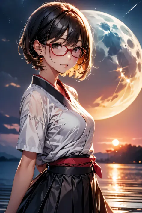 ((high quality)),((High image quality)),Japanese、girl、1、short hair、stylish、Red glasses、sea、summer、Full moon night