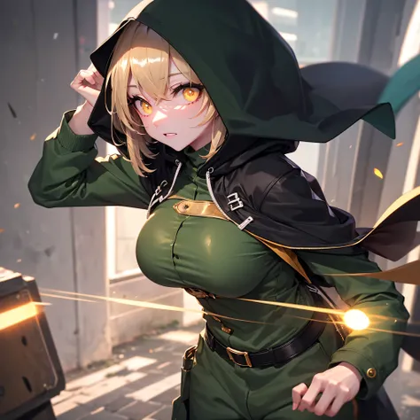 landscape, military, dug-in, funk hole., entrenchment, barbed-wired fencing, BREAK. 1 skinny girl standing, light brown short hair, swaying back, BREAK, (dark green long coat with hood:1.2), (hood covers over her head:1.3), tight-fit dark green military un...