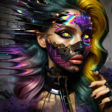 a close up of a woman with a colorful face and hair, glitchpunk girl, inspired by hedi xandt, advanced digital cyberpunk art, ps...