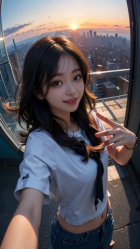 One person, Korean, Fisheye Lens, Selfie, wind, Messy Hair, sunset, Cityscape, (Aesthetics and atmosphere:1.2),smile