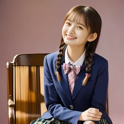 (Highest quality, masterpiece:1.2), Highest quality, High resolution, 1080P, 8k, height: 158cm, (Some girls, noble, Japanese 13yo fashion model is seated and being interviewed and smiling at me in school uniform, sleepy, expressing her happiness to me with...