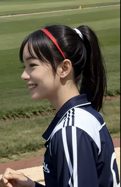 (Best Quality, masterpiece), (Beautiful Japanese Girl), (Freckles:0.6), ponytail, smile, garden, track＆Players on the field