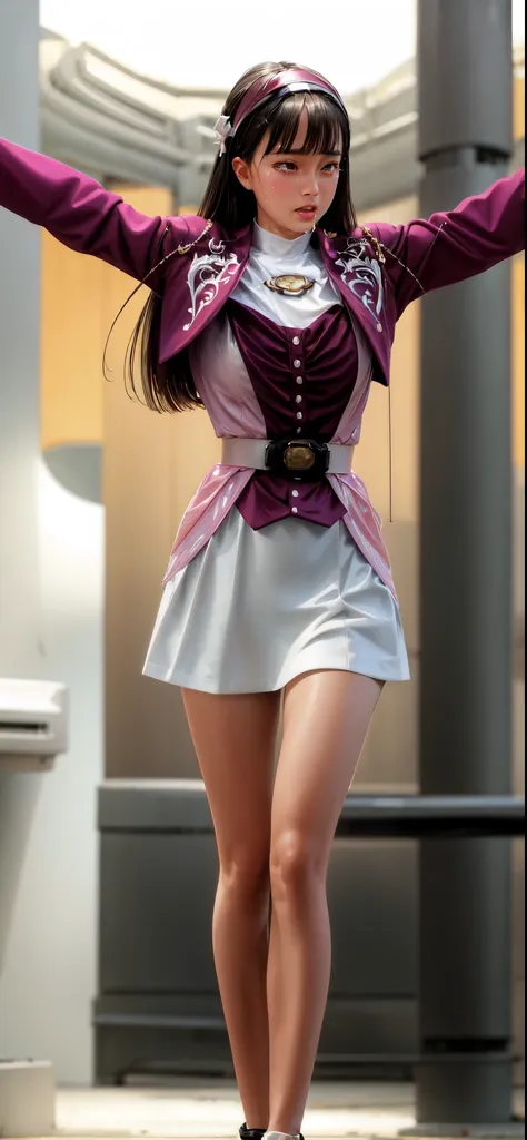 (extremely detailed cg), (best quality), one woman, perfect face,  shiny skin, wide hips, narrow waist,  ,may,jacket,white skirt...