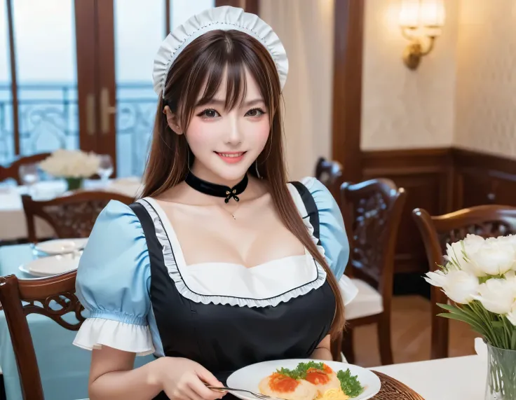 Score_9, Score_8, Score_8upScore_7, Best Quality、masterpiece、group、((Light blue maid outfit, Frills)), ((Layered Haircut)), Slim body, Slim face, Big Breasts（8k，Best Quality），Shooting from a medium distance,  Adorable， smile， long brown hair， 32K, masterpi...