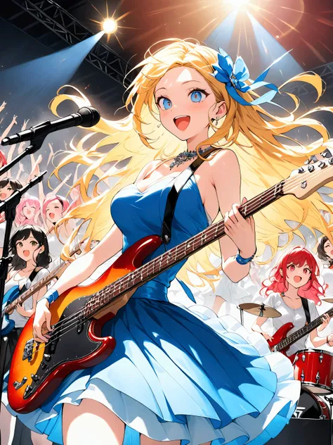 girls’ band, vocalist, guitar, bass, drums, 4-member group, on stage, live performance, lighting, excitement, microphone stand, electric guitar, bass guitar, drum set, performing, dynamic action, (vocalist), (guitarist), (bassist), (drummer), each member s...