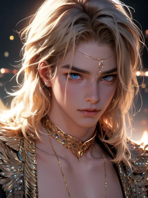 the magical look of a boy with wavy blond hair, rainbow eyes , sparkling eyes ! just sparkles from the eyes - such a piercing lo...