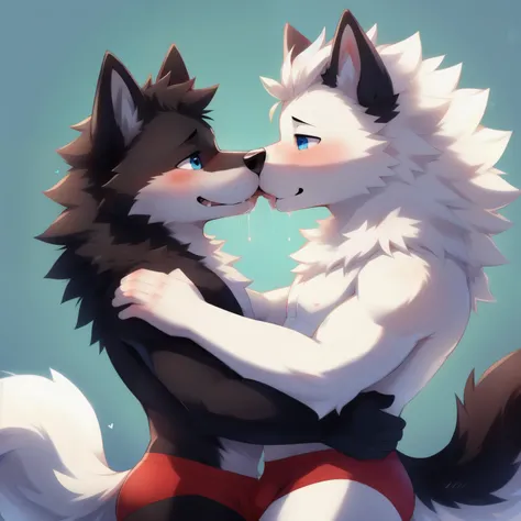 black wolf, Samoyed, 2 boys, Cuteness, blush, embarrassed look, Blue eyes, Red briefs, billow, Kissing, drool,