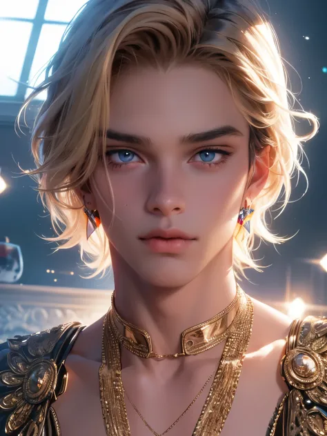 The magical look of a boy with wavy blond hair, Rainbow eyes , sparkling eyes ! just sparkles from the eyes - such a piercing look !! dark skin, Cute boy, boy with a beautiful face, Realistic anime style, the boy looks like a KPOP idol . Mysterious magic s...