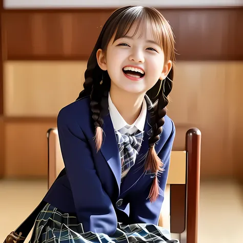 (Highest quality, masterpiece:1.2), Highest quality, High resolution, 1080P, 8k, height: 158cm, (Some girls, noble, Japanese 13yo fashion model is seated and smiling directly at me in school uniform, sleepy, expressing her happiness to me with her kawaii s...