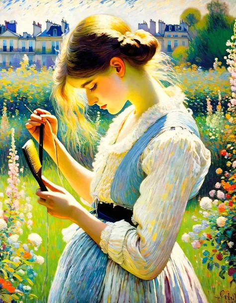 Masterpiece of the highest quality, masterpiece of motif with only a few lines, late impressionism, colorful colors, dainty and ephemeral life force accurately expressed, masterpiece in late 19th century Paris, one girl combing her hair with a brush, early...