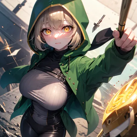 landscape, military, devastated field, dug-in, funk hole., entrenchment, barbed-wired fencing, BREAK. (1 fatigued skinny girl standing alone), light brown short hair, swaying back, BREAK, (dark green long coat with hood:1.2), (hood covers over her head:1.3...