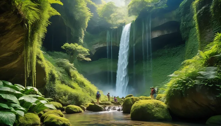 Waterfall、Four adventurers convey natural fantasy landscapes in fairy greenery, Golden Ratio, アニメーションdetailed, Delicate, QuixelMegascans Trend, Perfect image, Ultra-high resolution, Perfect composition, detailed, Super Color, (Detailed skin: 1.2), 8k ultra...