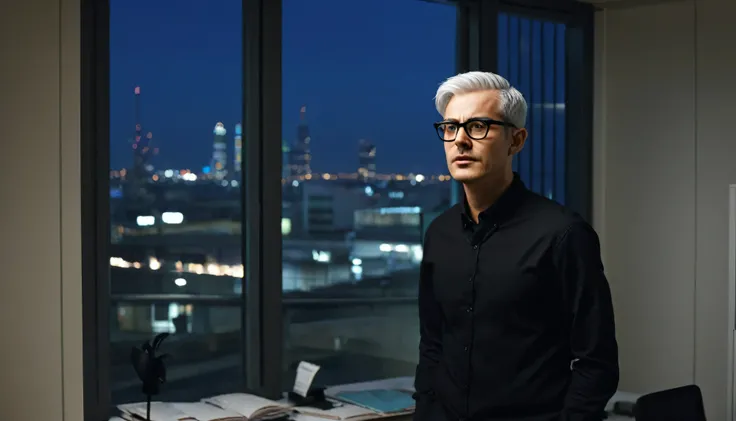 The real magic of short-haired men, Gray Hair, Wearing glasses, Wearing black trainers, Expressions of fear, Standing, Night office setup, Magical realism of a man with a window, a building at night  