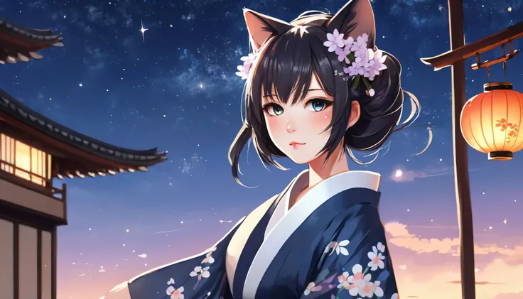 Anime cat girl wearing cat ears kimono, Looking over your shoulder, Anime drawing by Yang J, pixiv Contest Winner, Serial Art, デジタルAnime illustration, kawashi, Anime style illustration, Anime Style 4k, Beautiful anime portraits, Anime style portrait, Anime...