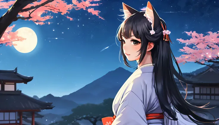 Anime cat girl wearing cat ears kimono, Looking over your shoulder, Anime drawing by Yang J, pixiv Contest Winner, Serial Art, デジタルAnime illustration, kawashi, Anime style illustration, Anime Style 4k, Beautiful anime portraits, Anime style portrait, Anime...