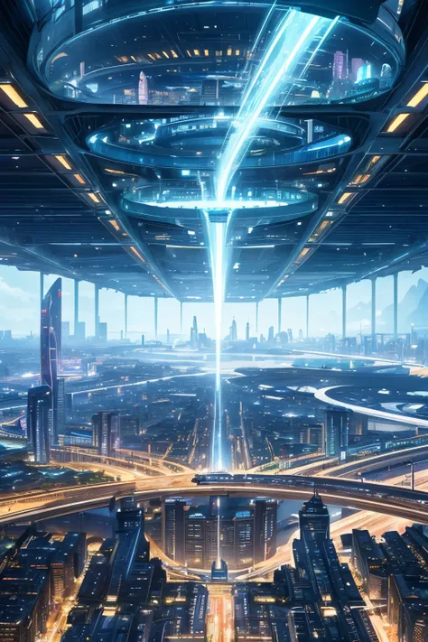 Fantasy, Huge airport, Cinematic shot of the underground futuristic megacity Habitat, illuminated by an artificial ceiling screen, Thousands of people々and a flying hovercar, Parametric Design, Generative Design, Organic growth, Rich vegetation, garden of e...