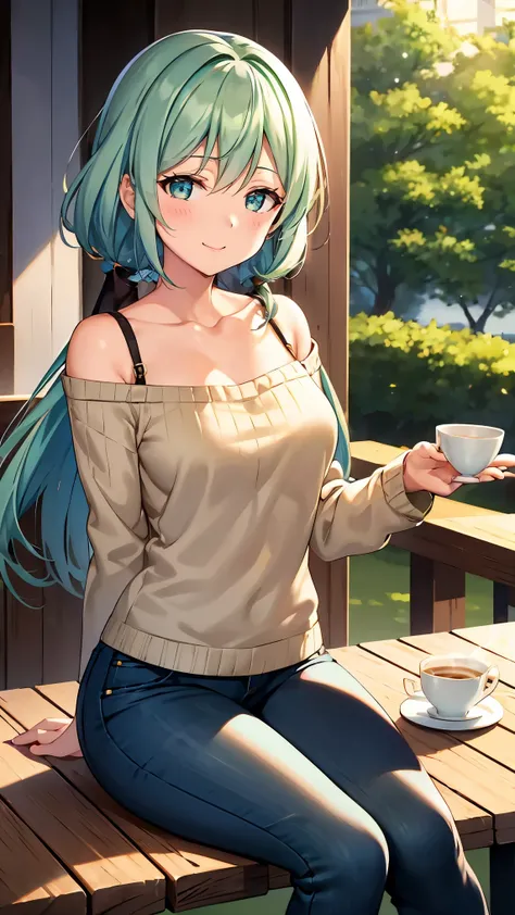 Shoulder-length green hair, Small size breasts, Small breasts、Green Eyes, 、(((Ladylike))),The whole body from head to toe、Jeans、A sweater with sleeves that are slightly long and reach down to the palm of your hand、Feminine clothing、、Chuckle、((Sit facing th...