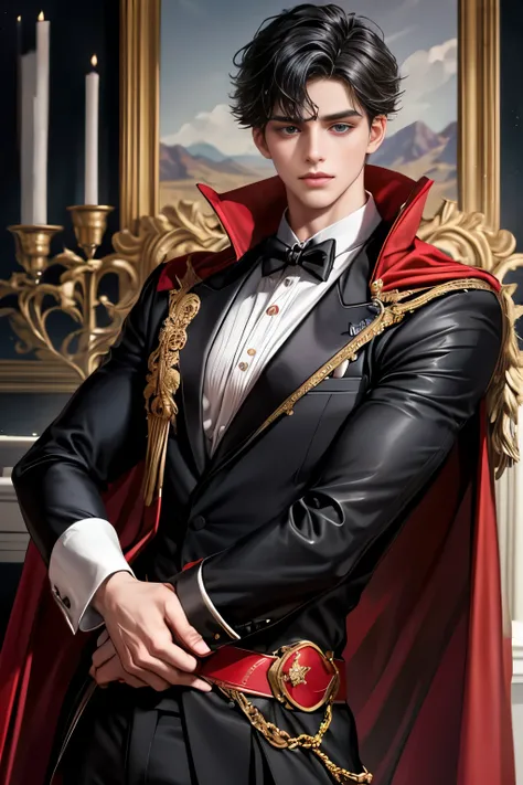 masterpiece, 最high quality, high quality, 1 boy, alone, Male focus, Upper Body,Watching the audience, Messy black hair, Adorable big blue eyes, White, Noble, Noble,A black and red cape that is bursting with sexy volume、Tuxedo、A very voluminous, large, very...