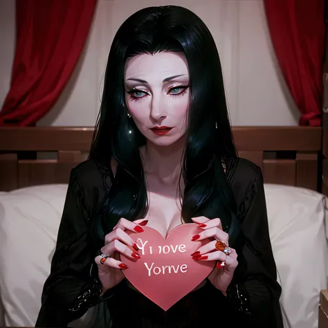 Actress AnJelica Huston dressed as Morticia Addams, Long black dress, holding romantic heart, Crie um banner com a frase Maia, te amo ❤️ no centro. The background should be romantic and cozy., with soft colors like pink and red, and delicate details, like ...