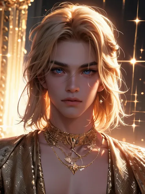 The magical look of a boy with wavy blond hair, Rainbow eyes , sparkling eyes ! just sparkles from the eyes - such a piercing look !! dark skin, Cute boy, boy with a beautiful face, Realistic anime style, the boy looks like a KPOP idol . Mysterious magic s...