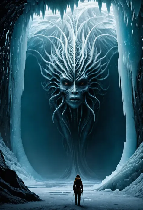 A scary colossal, terrifying female creature from another space designed by NIrasawa Yasushi and Giger, asymmetrical design, (Faintly visible through a thick wall of ice:1.4), has been being trapped in a wall of ice for 1000000 years, It is Discovered by a...