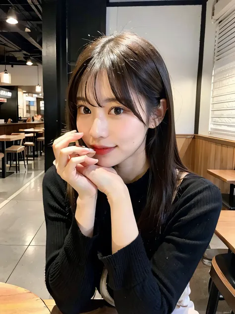 photorealistic, beautiful japanese woman, cafe setting, first-person perspective, eating meal, social media style, food photography, table view, dining alone, trendy cafe interior, partial self-portrait