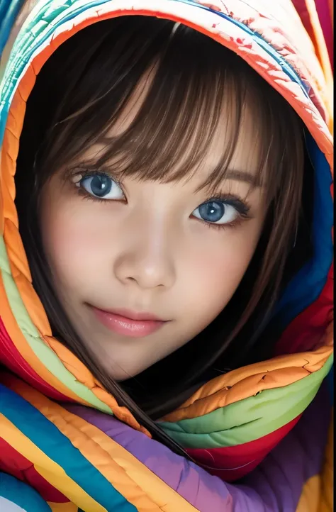 A young woman wrapped in a colorful, warm quilt,,where,,Close-up professional photo, cel shading, Bold outline, Flat Color, Sharp Shadows, Graphic Style, (manga influence:1.3), clean line art, Impressive visuals,comics