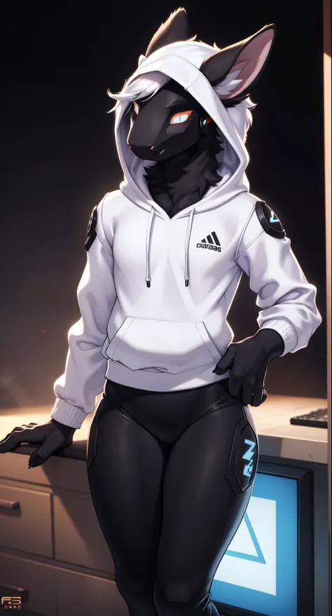 a highly detailed male protogen, white eyes, Black emo hair, white highlights in hair, wearing gamer clothes including a white hoodie and black pants, white fur, white tail, gaming background, cinematic lighting, hyper realistic, 8k, high resolution, photo...