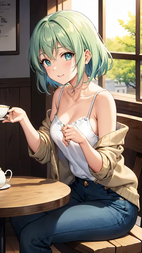 Shoulder-length green hair, Small size breasts, Small breasts、Green Eyes, 、(((Ladylike))),The whole body from head to toe、Jeans、cardigan、Feminine clothing、camisole、Chuckle、((Sit facing the viewer across the table))、Cafe Date、Afternoon Tea、町にあるStylishなカフェ、C...