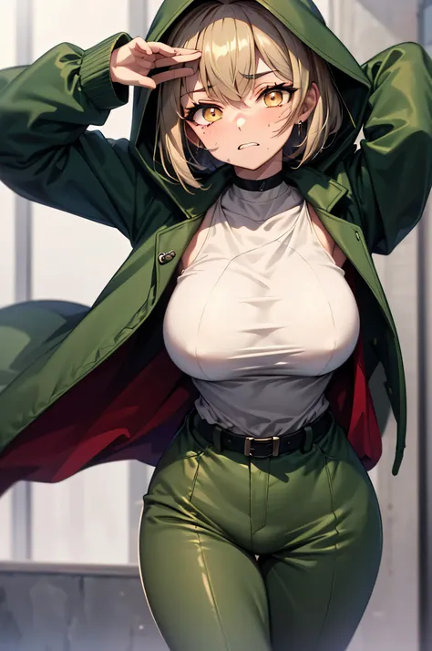 landscape, military, devastated field, dug-in, funk hole., entrenchment, barbed-wired fencing, BREAK. (1 fatigued skinny girl standing alone), light brown short hair, swaying back, BREAK, (dark green long coat with hood:1.2), (dark green hood covers over h...