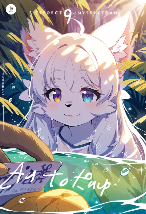 rating_safe, score_9, score_8_up, score_7_up, score_6_up, score_5_up, score_4_up, hires, source_furry, cover page, absurdres, perfect anatomy(Furry, angelic cute 1girl, Solo focus, Smile, portrait)bathing in water, beautiful refraction of water, white shir...