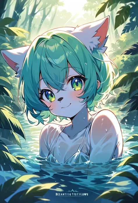 rating_safe, score_9, score_8_up, score_7_up, score_6_up, score_5_up, score_4_up, hires, source_furry, cover page, absurdres, perfect anatomy(Furry, angelic cute 1girl, Solo focus, Smile, portrait)bathing in water, beautiful refraction of water, white shir...