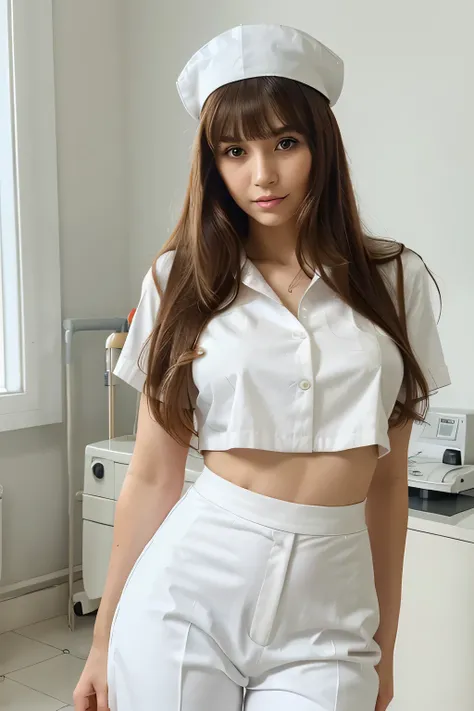 1 beautiful young woman, nurse, bangs, long hair, beautiful detailed eyes, looking at camera, sexy figure, full body, white nurse uniform, white long pants, cap, hospital