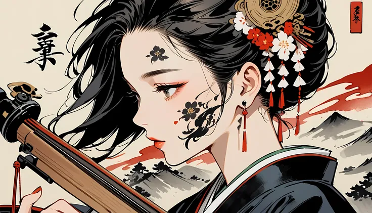 Ink Painting, (((1 person))), (((Tattoo on face))), (((Japanese String Instruments))), Japanese style headphones, beautiful girl, Black Hair, Delicate and precise, Modern ukiyo-e style