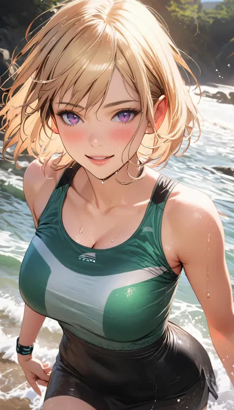 realistic, 1 girl, short bob hair, parted lips, blush, compensate, light smile, blonde hair, sportswear, skirt, wet clothes, shi...