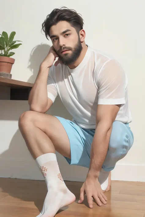 1 boy,lace leg socks,wear a shirt，beard，gay