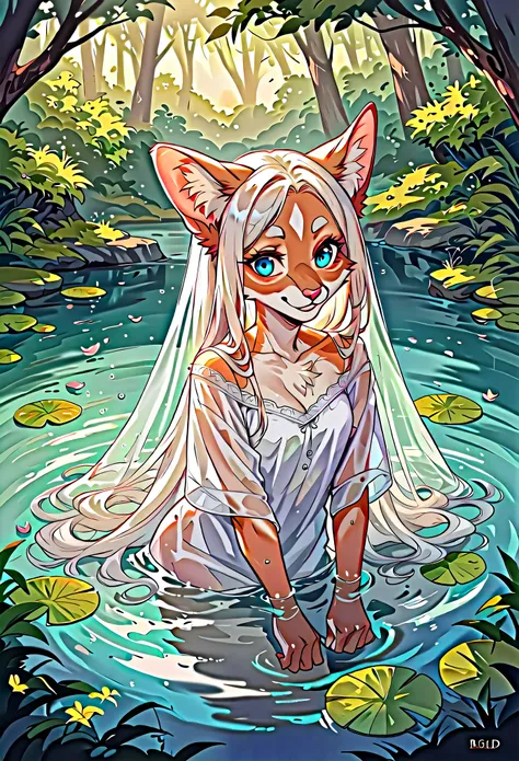 rating_safe, score_9, score_8_up, score_7_up, score_6_up, score_5_up, score_4_up, hires, source_furry, cover page, absurdres, perfect anatomy(Furry, angelic cute 1girl, Solo focus, Smile, portrait)bathing in water, beautiful refraction of water, white shir...