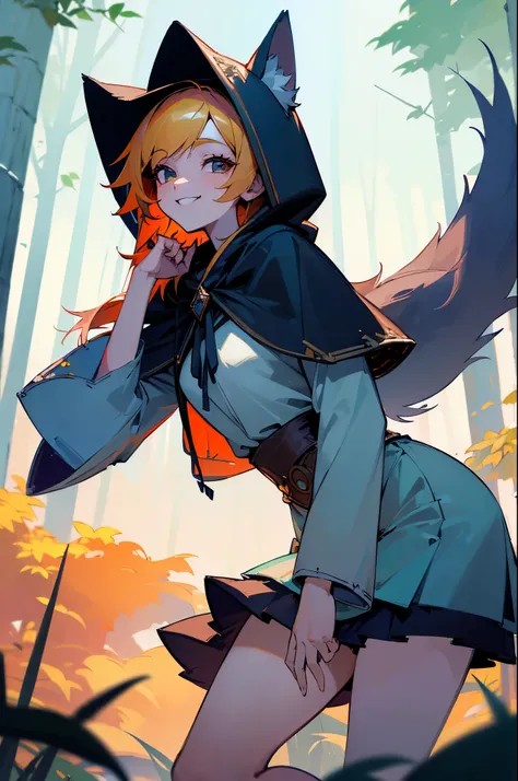 ((masterpiece,best quality)), absurdres, Ira_AFK, cape, fox tail, hood up, mini skirt, smiling, solo, smiling, looking at viewer, cowboy shot, forest in background, cinematic composition, ,
