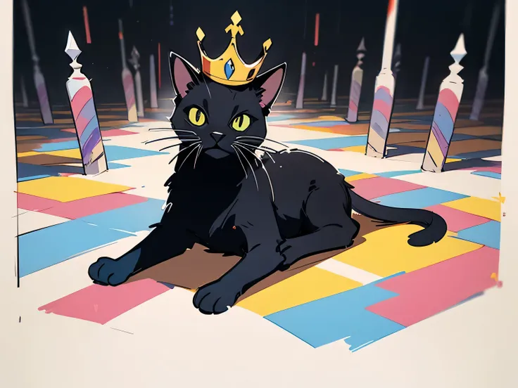 (((no humans))),lying black cat with crown on head (animal)、(manga style),(sketch),(illustration)