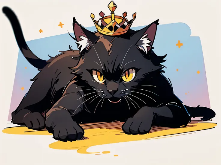 (((no humans))),lying black cat with crown on head (animal)、(manga style),(sketch),(illustration)