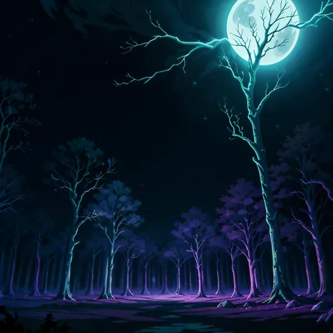 (melhor qualidade: 0.8), (melhor qualidade: 0.8), ilustração de anime perfeita, ceu noturno, Dark and eerie forest at night with swirling mist and faint purple glows, illuminated by a full moon partially covered by clouds. The atmosphere should feel spooky...